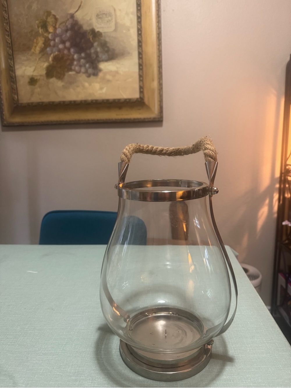 Glass Hurricane Lantern with Rope Handle - Clear and Silver